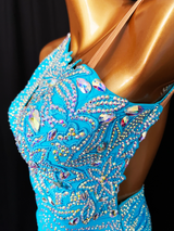 Handmade sleeves less American Smooth dance gown in blue parodies color