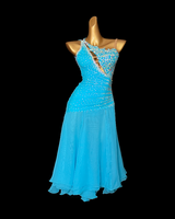 Handmade sleeves less American Smooth dance gown in blue parodies color