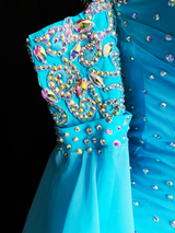 Handmade sleeves less American Smooth dance gown in blue parodies color