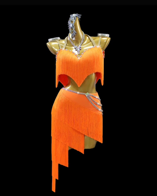 orange dresses dance Orange Sequin Fringe Bachata Dance Dress
