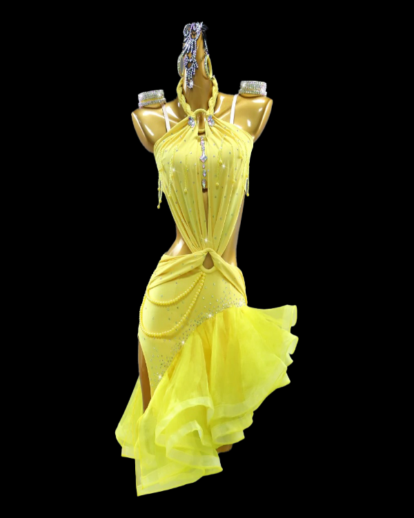 Sassy yellow halter neckline ruffled skirt Latin dance dress Dance Life NYC Sassy yellow halter neckline ruffled skirt Latin dance dress Dance Life NYC
