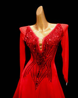 Lace back and sleeves gradient red to black ballroom dance costume
