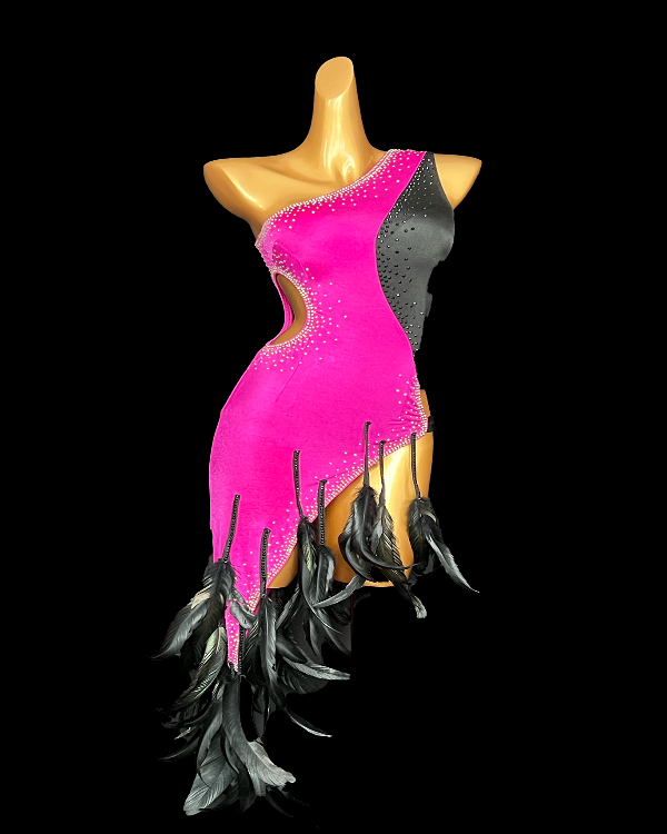 pink latin dance dresses Hot Pink Sequin V-Neck Fuchsia Ruffle Layer Latin Salsa Dance Dress