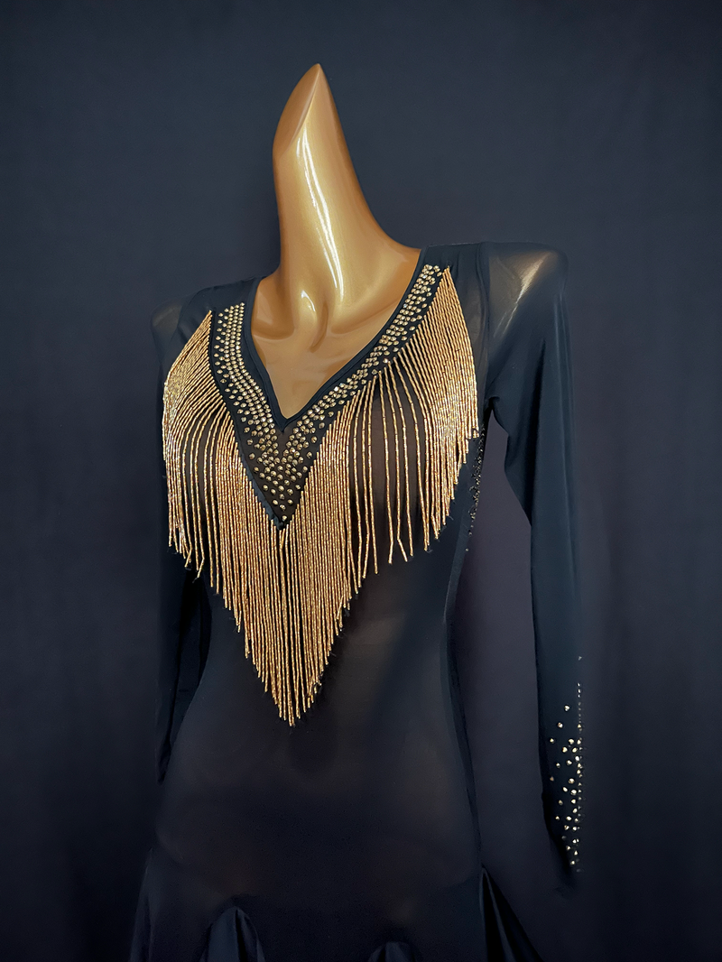 Gold Beaded Tassel Latin Dance Dress/Pre order product