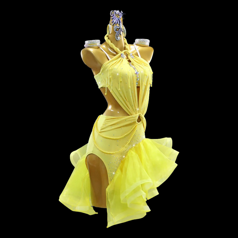 Sassy yellow halter neckline ruffled skirt Latin dance dress Dance Life NYC Sassy yellow halter neckline ruffled skirt Latin dance dress Dance Life NYC