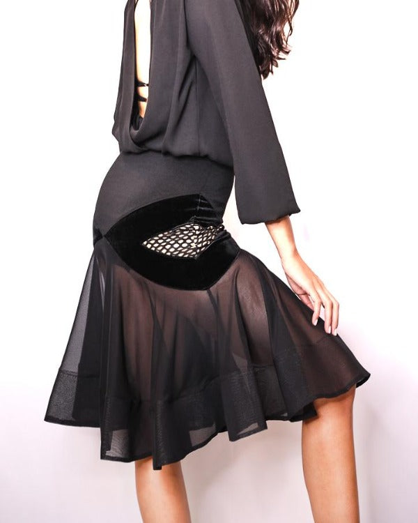 Flare latin dance skirt with velvet and mesh design
