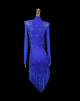Blue berry long sleeve tassels finish Latin dance dress