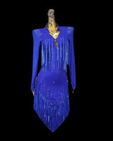 Blue berry long sleeve tassels finish Latin dance dress