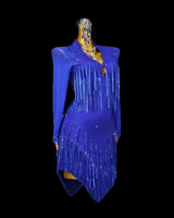 Blue berry long sleeve tassels finish Latin dance dress