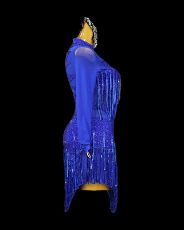 Blue berry long sleeve tassels finish Latin dance dress