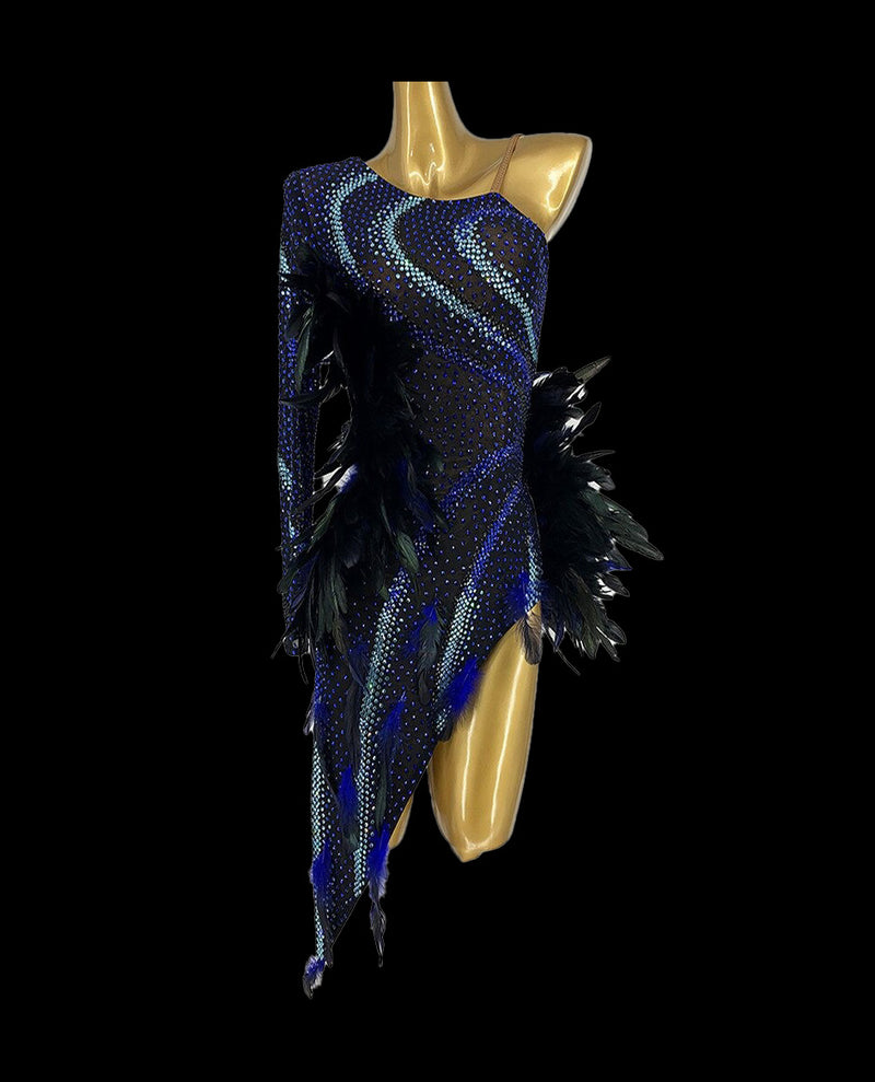 Fully stone Latin dance dress with feather finished