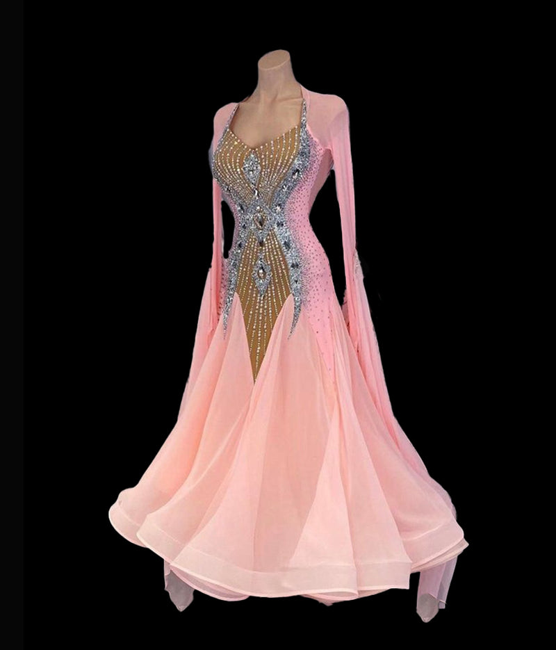 Fully stone peach pink ballroom dance dress