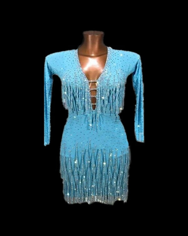 Fully stone crystal blue Latin dance dress