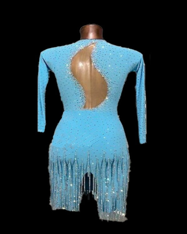 Fully stone crystal blue Latin dance dress