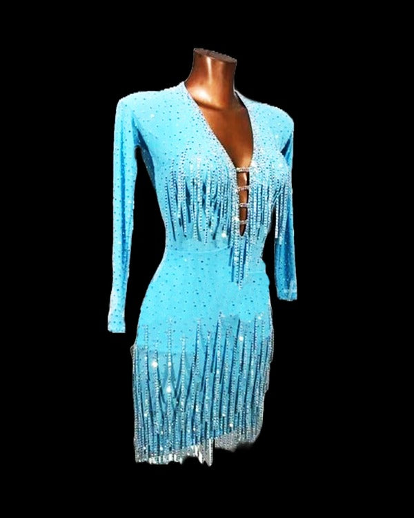 Fully stone crystal blue Latin dance dress