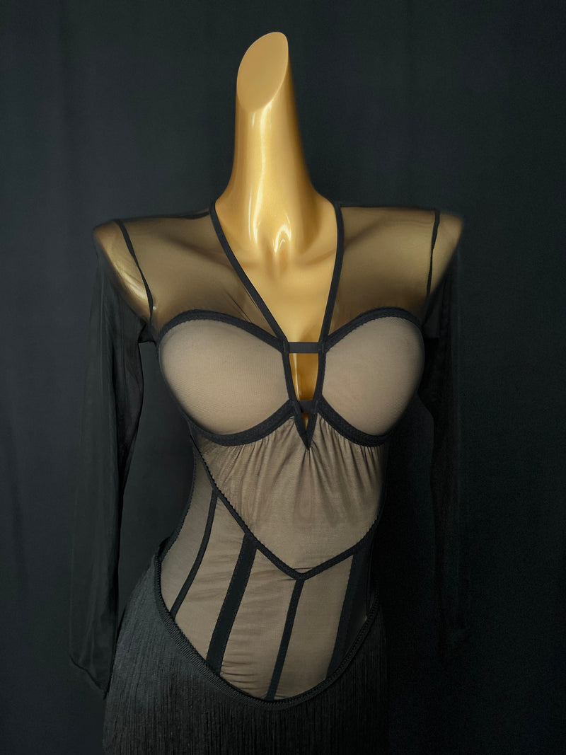 Long mesh sleeves corset tassel Latin dress