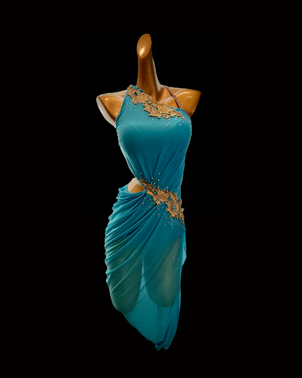 Turquoise asymmetrical hollow out latin dance costume