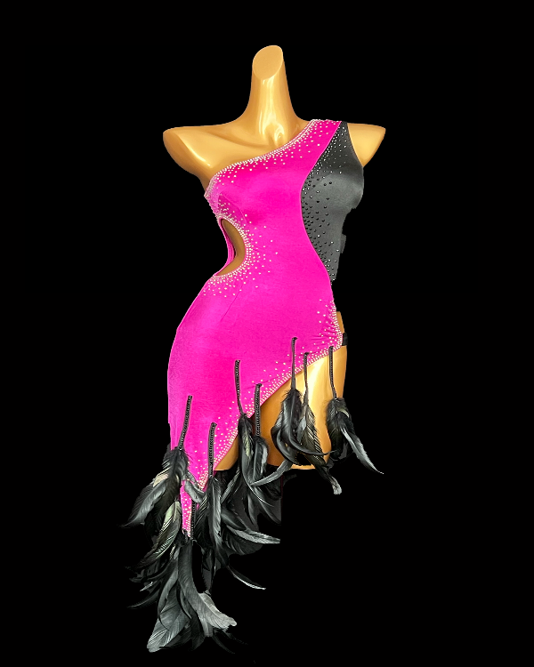 Fuchsia pink finish with cock feather Latin dance costume