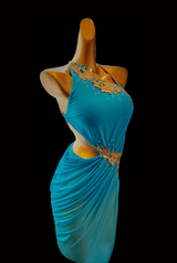Turquoise asymmetrical hollow out latin dance costume