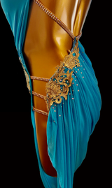 Turquoise asymmetrical hollow out latin dance costume