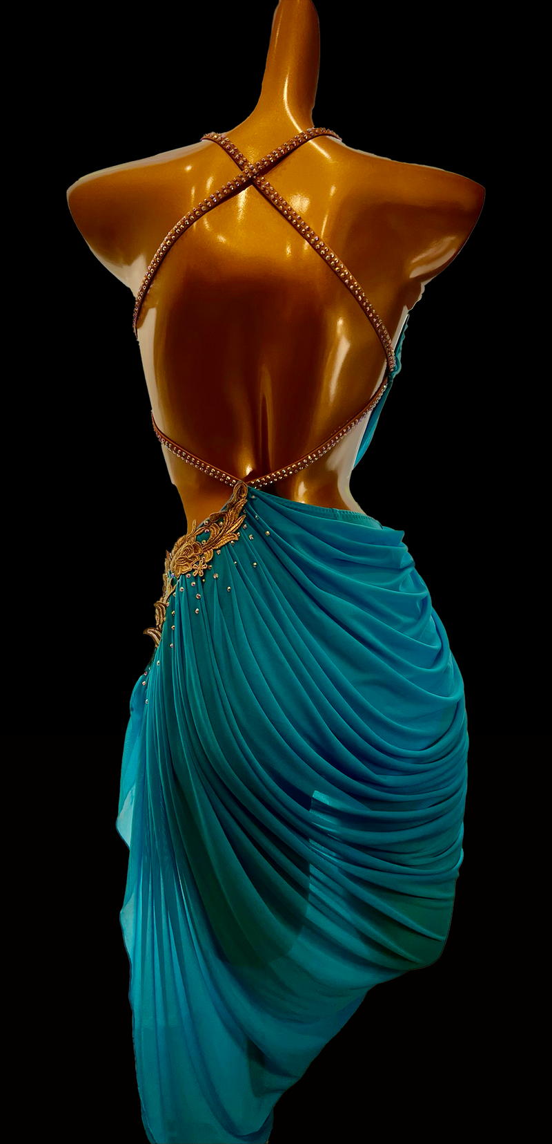 Turquoise asymmetrical hollow out latin dance costume